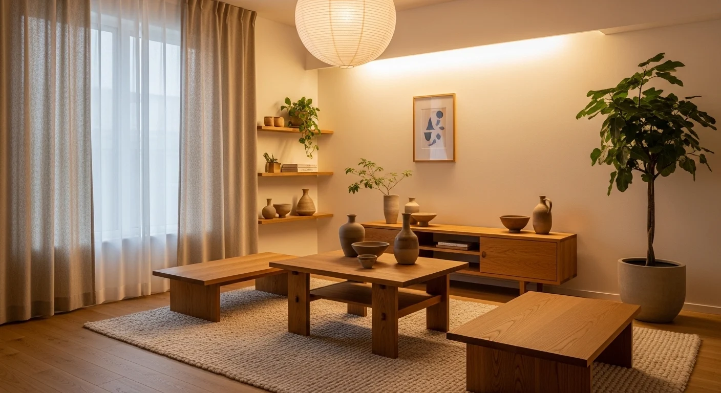 Warm Japandi home with minimalist wood decor and cozy neutral styling