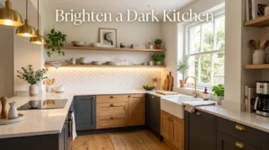 Dark kitchen brightened with warm lighting, white decor, and natural wood accents
