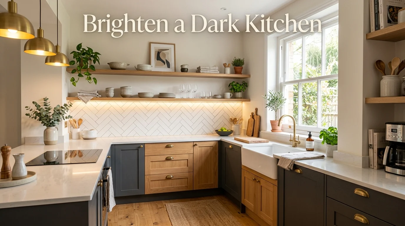 Dark kitchen brightened with warm lighting, white decor, and natural wood accents
