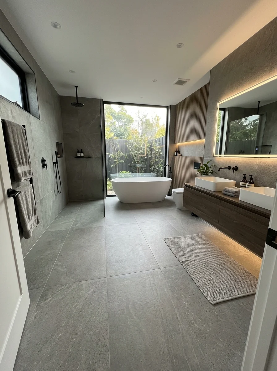 Large-format tiles creating a seamless modern bathroom look