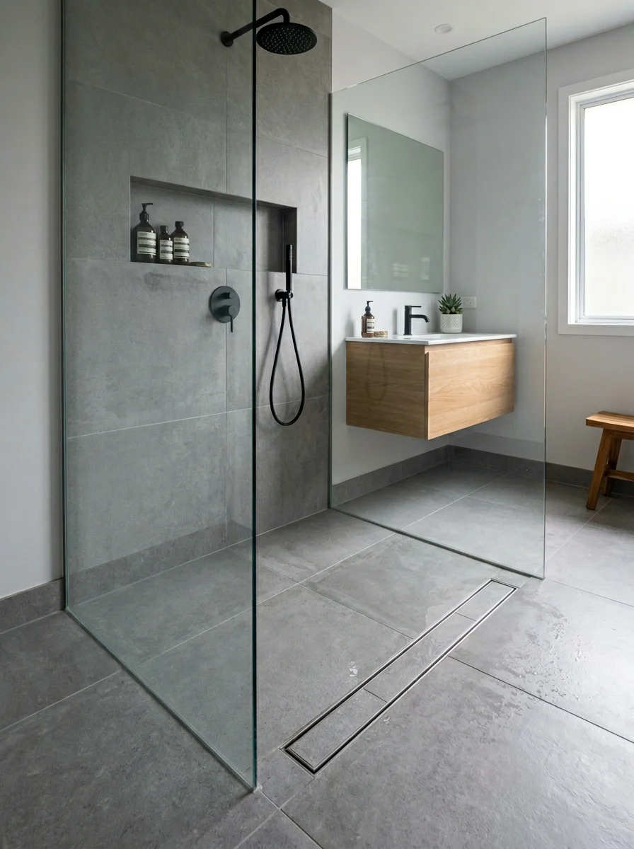 Linear drain in a seamless modern shower design