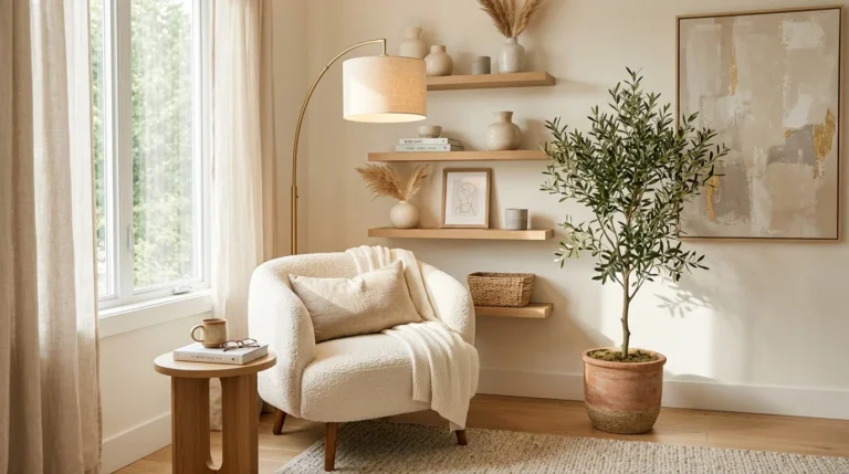 Cozy styled living room corner with warm neutral decor and layered textures