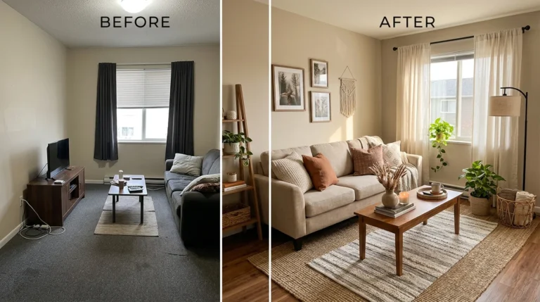 Budget-friendly living room makeover with cozy neutral decor and warm lighting