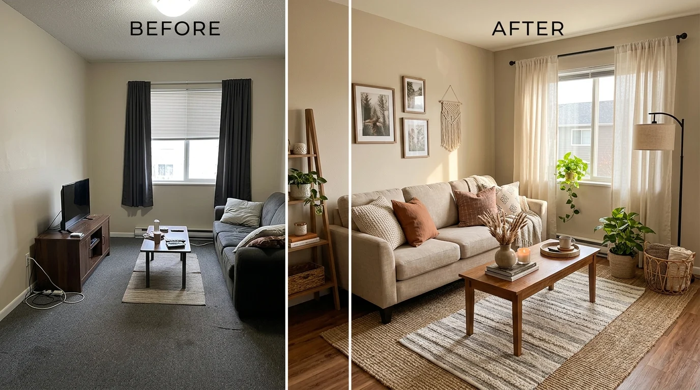 Budget-friendly living room makeover with cozy neutral decor and warm lighting