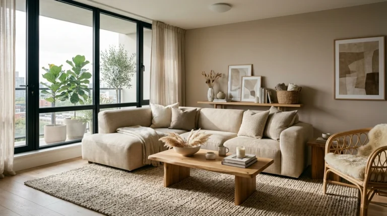 Cozy modern living room with large neutral rug and layered textures