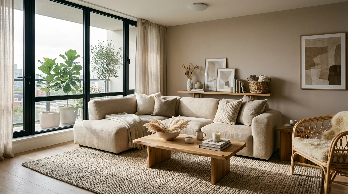 Cozy modern living room with large neutral rug and layered textures