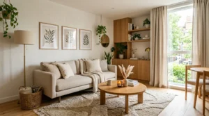 Modern small living room layout with neutral decor and cozy space-saving furniture arrangement