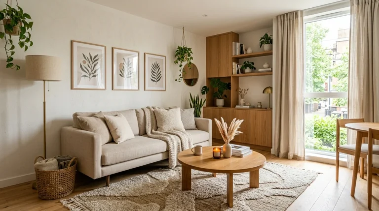 Modern small living room layout with neutral decor and cozy space-saving furniture arrangement