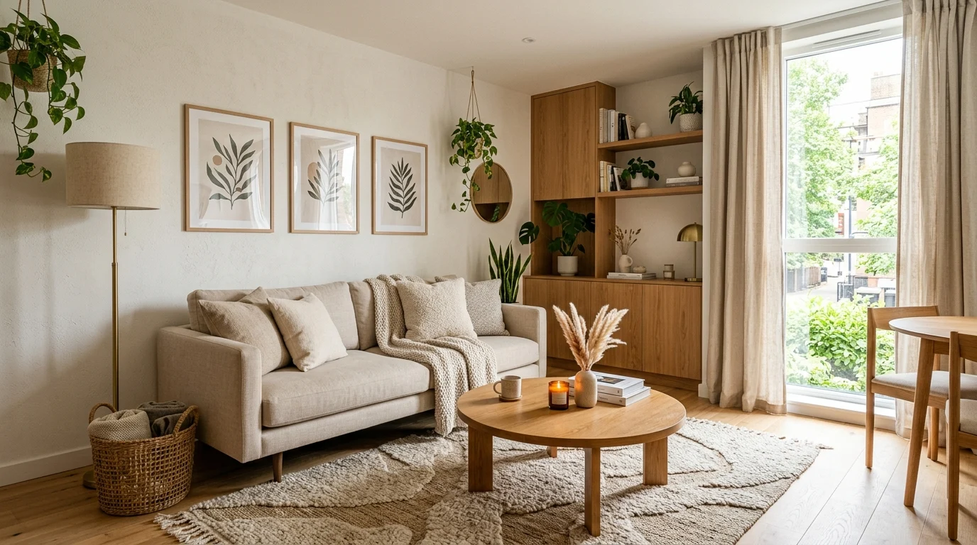 Modern small living room layout with neutral decor and cozy space-saving furniture arrangement