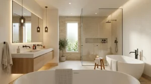 Modern luxurious bathroom with floating vanity and soft neutral design