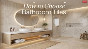 Modern luxury bathroom with elegant tiles, floating vanity, and spa-inspired neutral decor