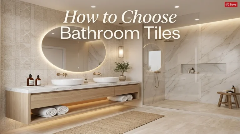 Modern luxury bathroom with elegant tiles, floating vanity, and spa-inspired neutral decor