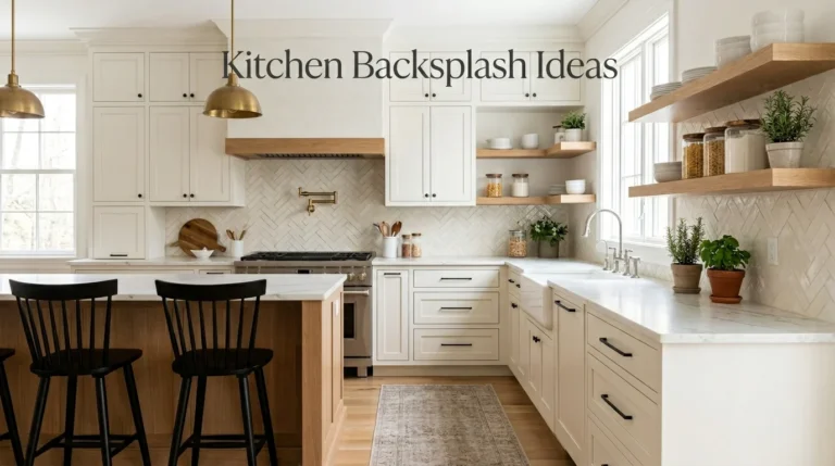 Modern kitchen with stylish backsplash, marble countertops, and warm luxury decor
