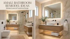 Luxury small bathroom remodel with floating vanity, large mirror, and modern spa-inspired decor