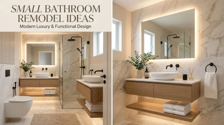 Luxury small bathroom remodel with floating vanity, large mirror, and modern spa-inspired decor