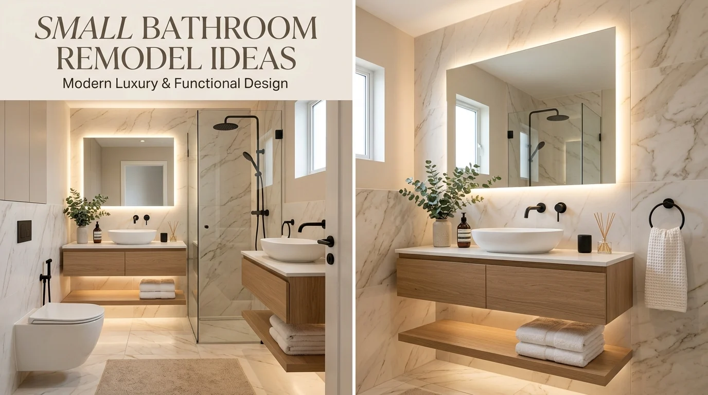 Luxury small bathroom remodel with floating vanity, large mirror, and modern spa-inspired decor