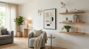 Modern wall decor in a sleek living room with clean minimalist styling