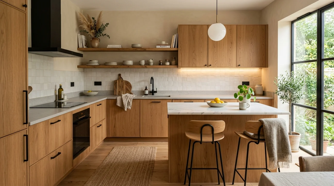 Modern kitchen with warm wood accents and clean functional layout