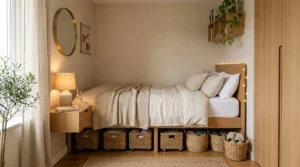 Small cozy bedroom with smart storage solutions and neutral modern decor