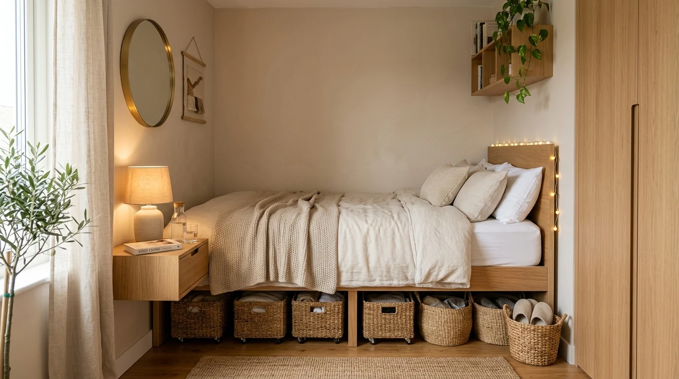 Small cozy bedroom with smart storage solutions and neutral modern decor