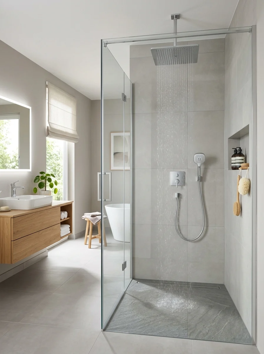 Walk-in shower with clean modern bathroom design