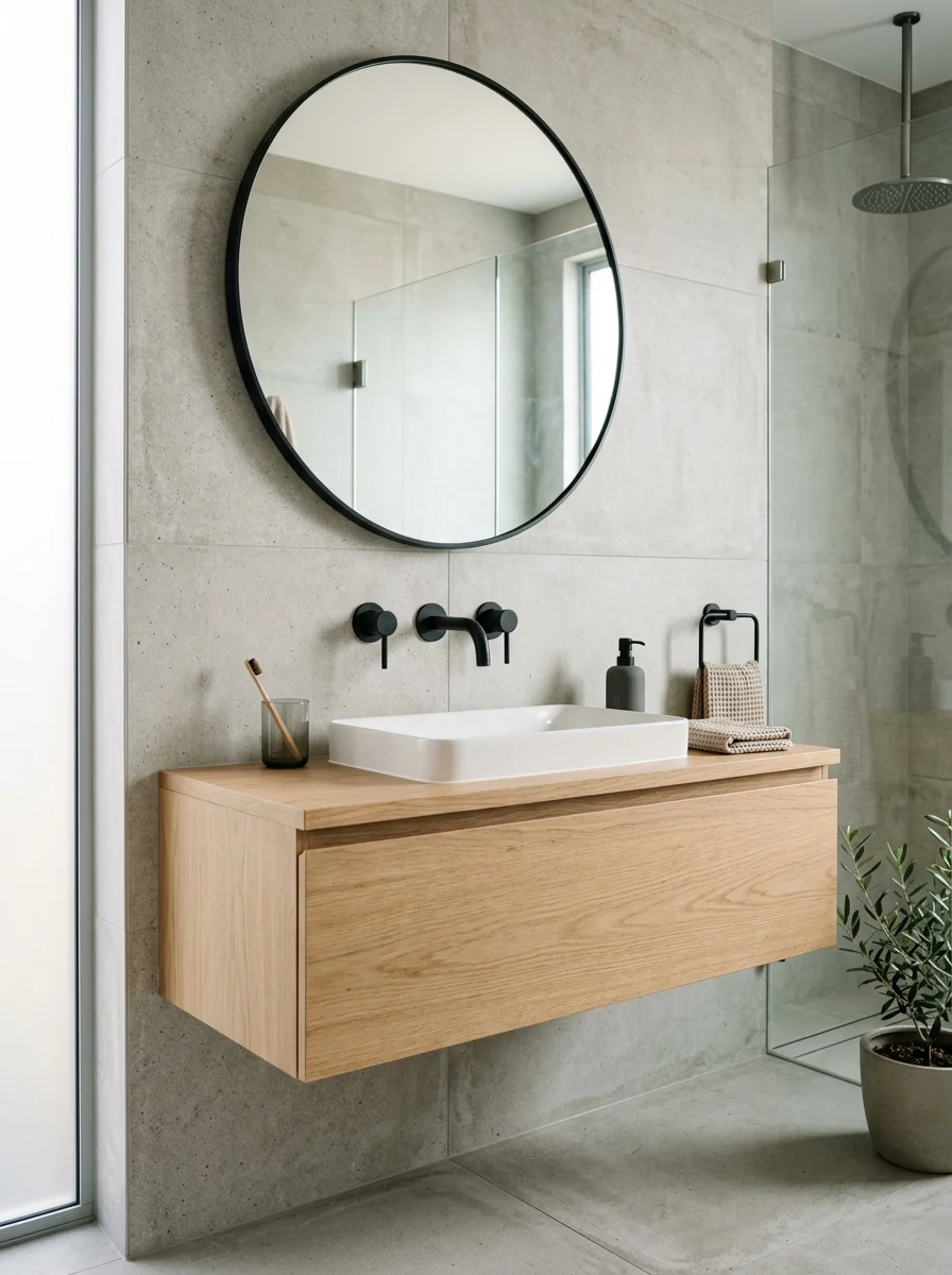 Wall-mounted faucets in a sleek modern bathroom