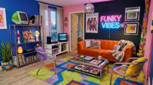 Y2K living room with retro decor, bold colors, and cozy early-2000s style