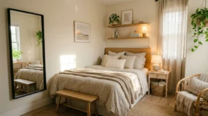 Small cozy room makeover with warm neutral decor and natural light.