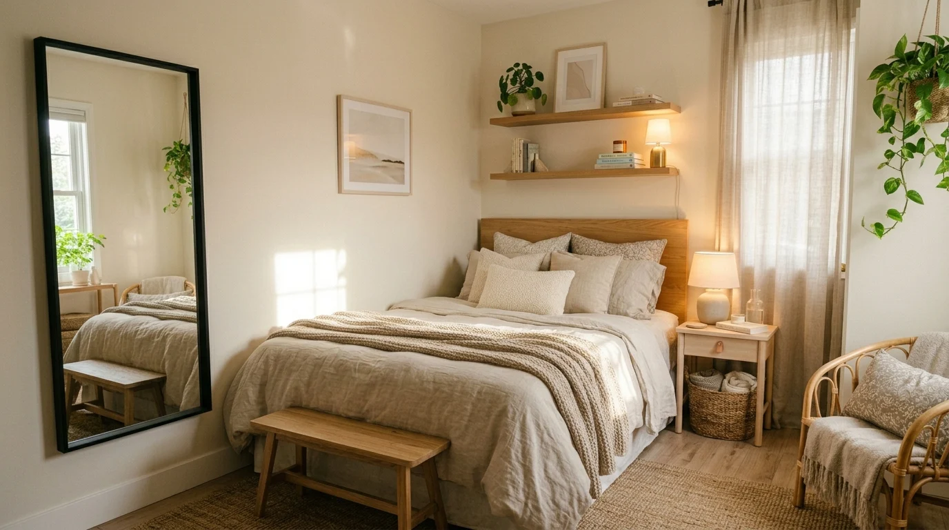 Small cozy room makeover with warm neutral decor and natural light.