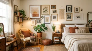 Aesthetic room featuring gallery wall, plants, cozy lighting, and personality-filled decor.