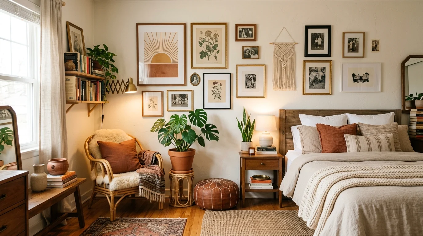 Aesthetic room featuring gallery wall, plants, cozy lighting, and personality-filled decor.