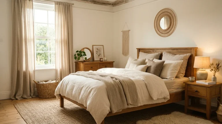 Cozy comfy bedroom with layered neutral bedding and warm relaxing decor.