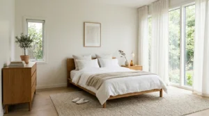 Minimal bedroom with white bedding, natural wood furniture, soft neutral decor, and bright natural light.