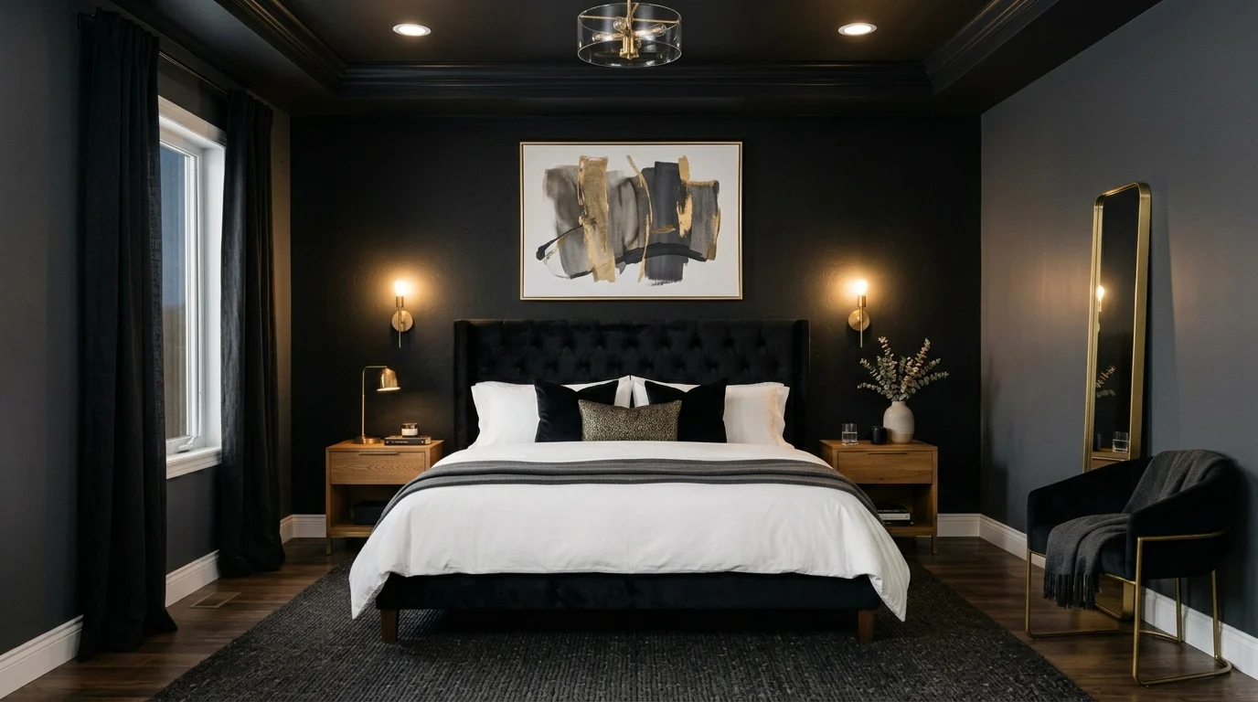 Luxury black bedroom with velvet bed, warm lighting, and stylish decor.