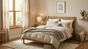 Warm cozy bedroom with layered neutral bedding and soft relaxing decor.