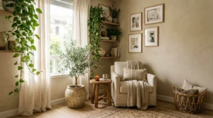 Cozy modern home decorated with healthy indoor plants and neutral decor