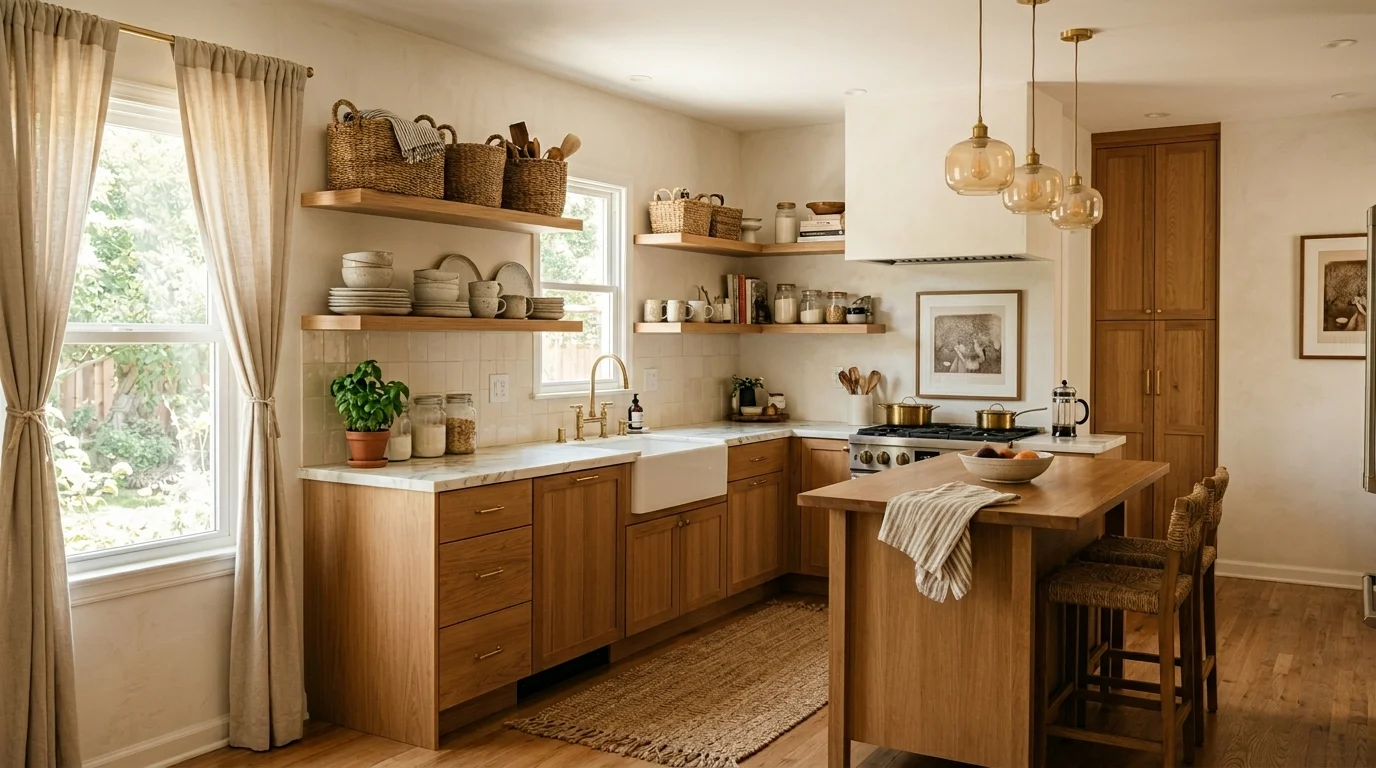 Cozy modern kitchen with warm wood tones and soft natural lighting.
