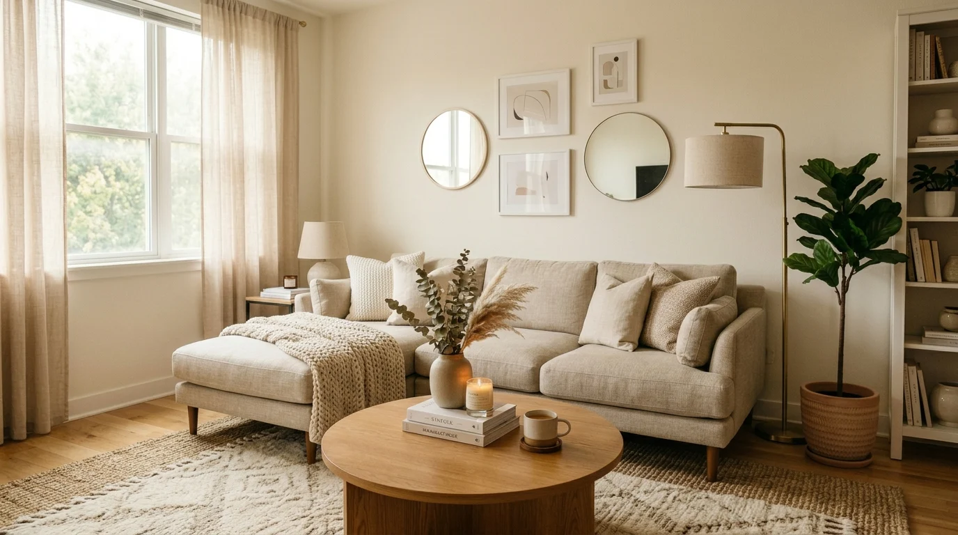 Cozy modern living room with perfectly sized neutral sofa and warm layered decor
