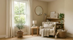 Cozy neutral room with warm textures and modern relaxed decor.