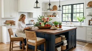 DIY kitchen island with butcher block countertop and modern farmhouse styling.