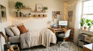 Cozy dorm room with warm lighting and budget-friendly neutral decor.