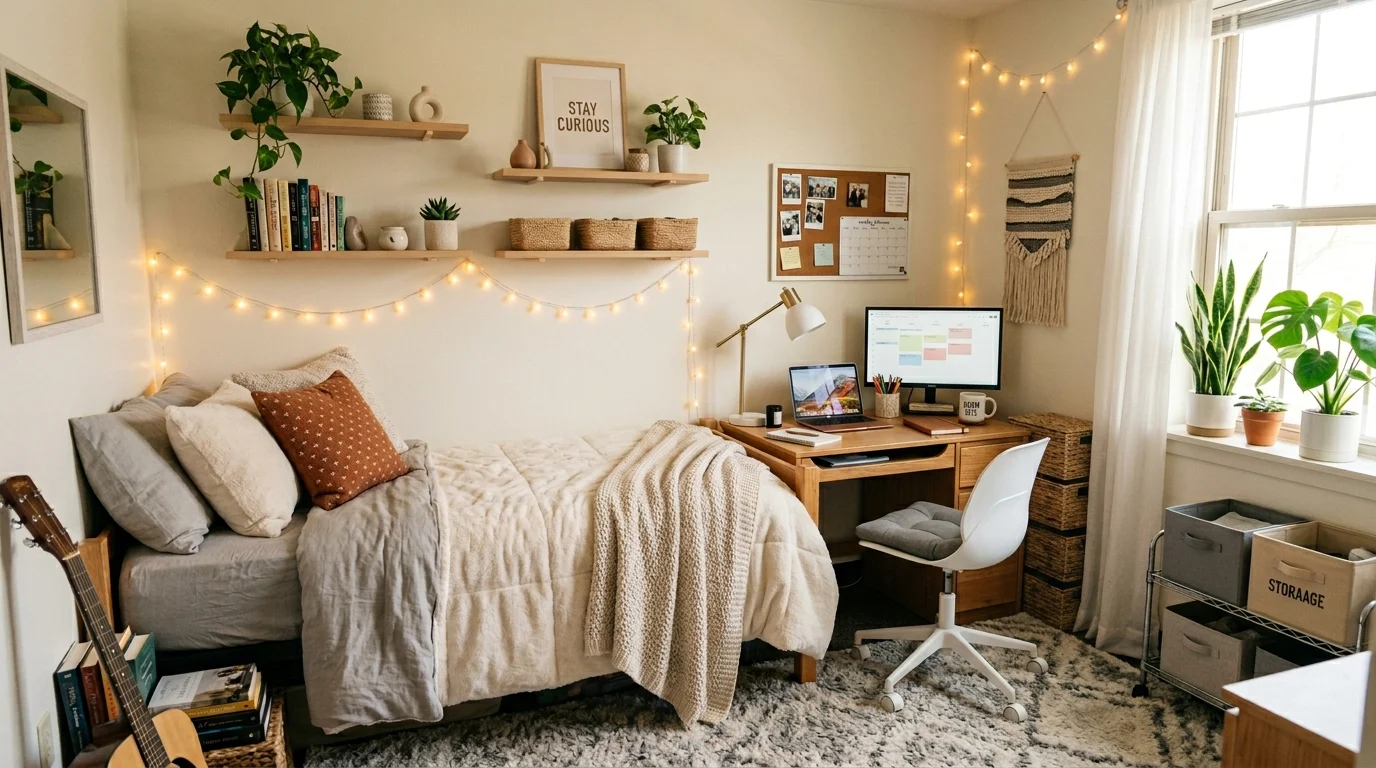 Cozy dorm room with warm lighting and budget-friendly neutral decor.