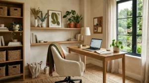 Earthy home office with warm wood desk, neutral decor, woven textures, and calming natural light