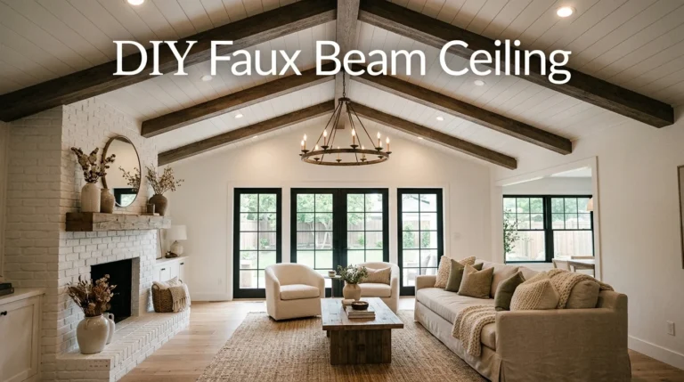 Modern farmhouse living room with DIY faux ceiling beams and warm luxury decor