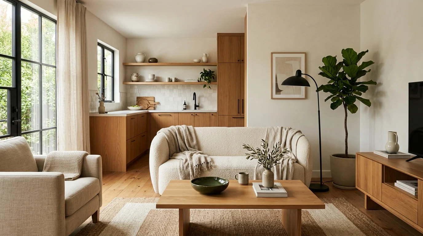Different furniture finishes styled together in a cozy modern home