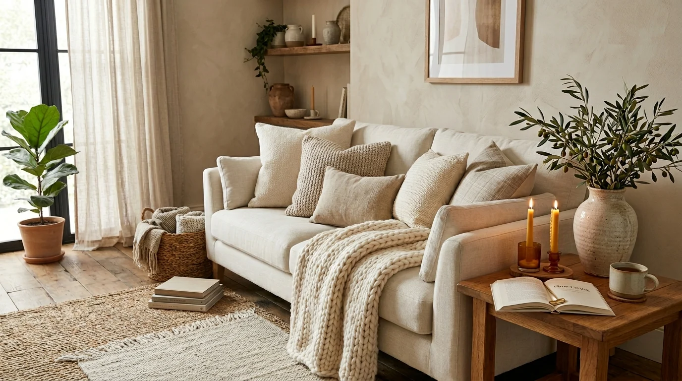 Cozy seasonal home decor refresh with warm neutral textures and soft lighting
