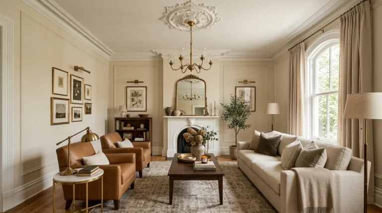 Elegant ceiling molding and medallion detail in warm neutral living room