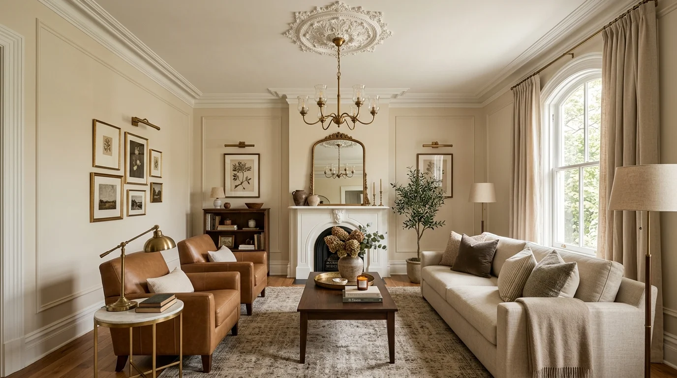 Elegant ceiling molding and medallion detail in warm neutral living room
