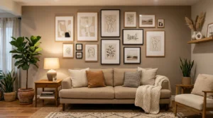 Modern cozy living room with a layered gallery wall and neutral decor