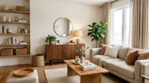 Mixed wood tones layered beautifully in a cozy modern living room